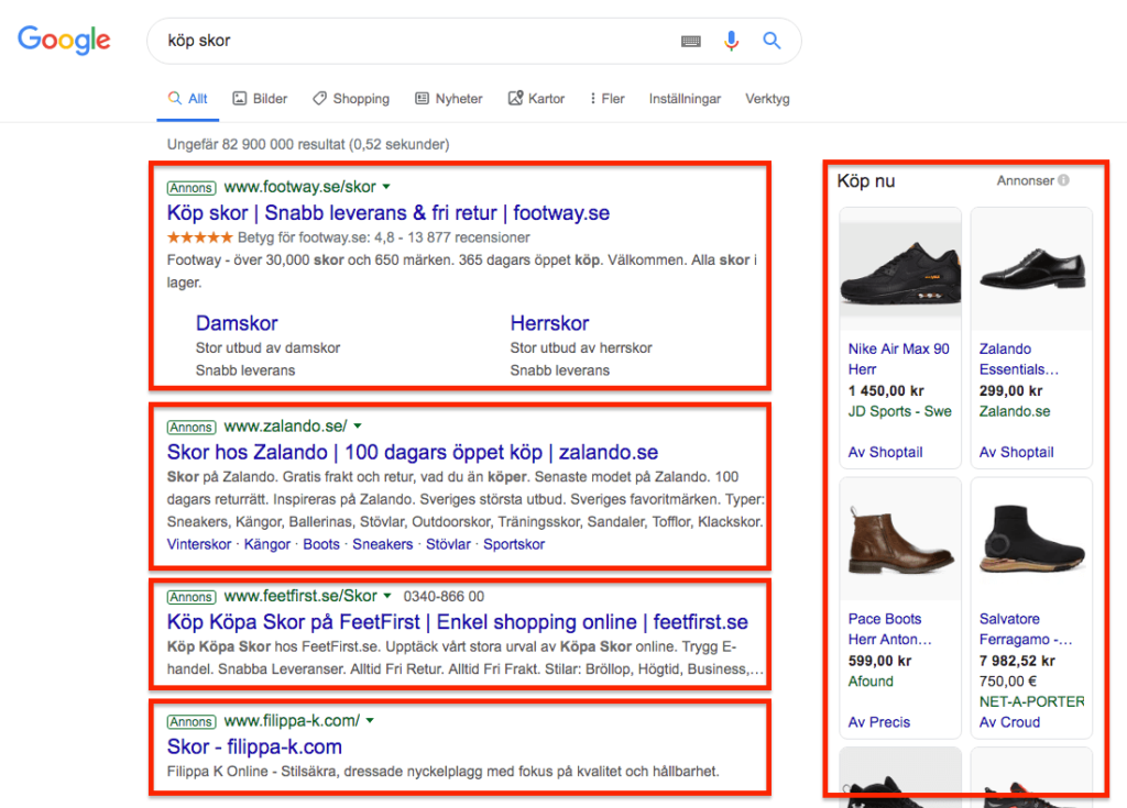 Annonser i Googles sökresultat