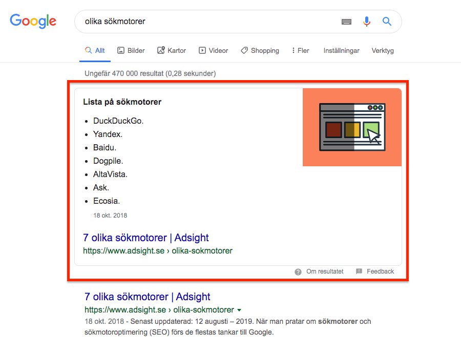 Featured Snippet i Googles sökresultat