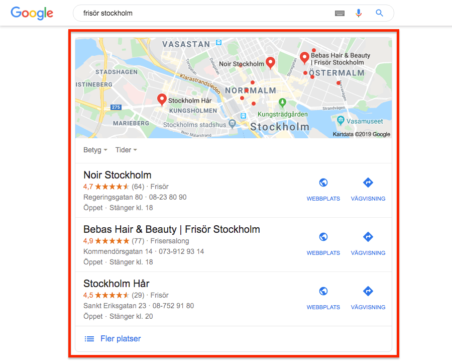 Lokala företag i Googles sökresultat