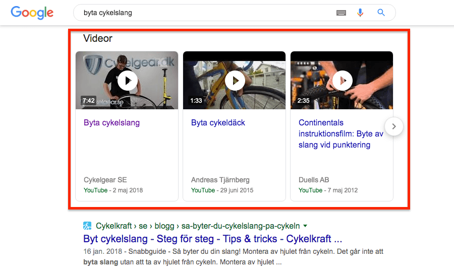 Videos i Googles sökresultat