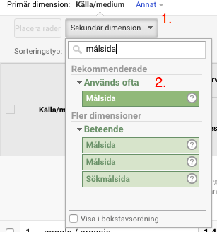 Sekundär dimension för målsida i Google Analytics