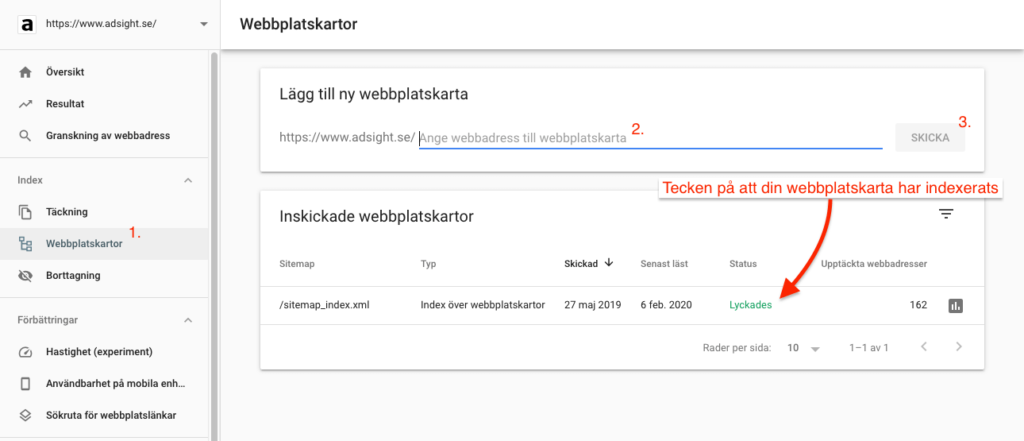 Skicka in XML-sidkarta via Google Search Console